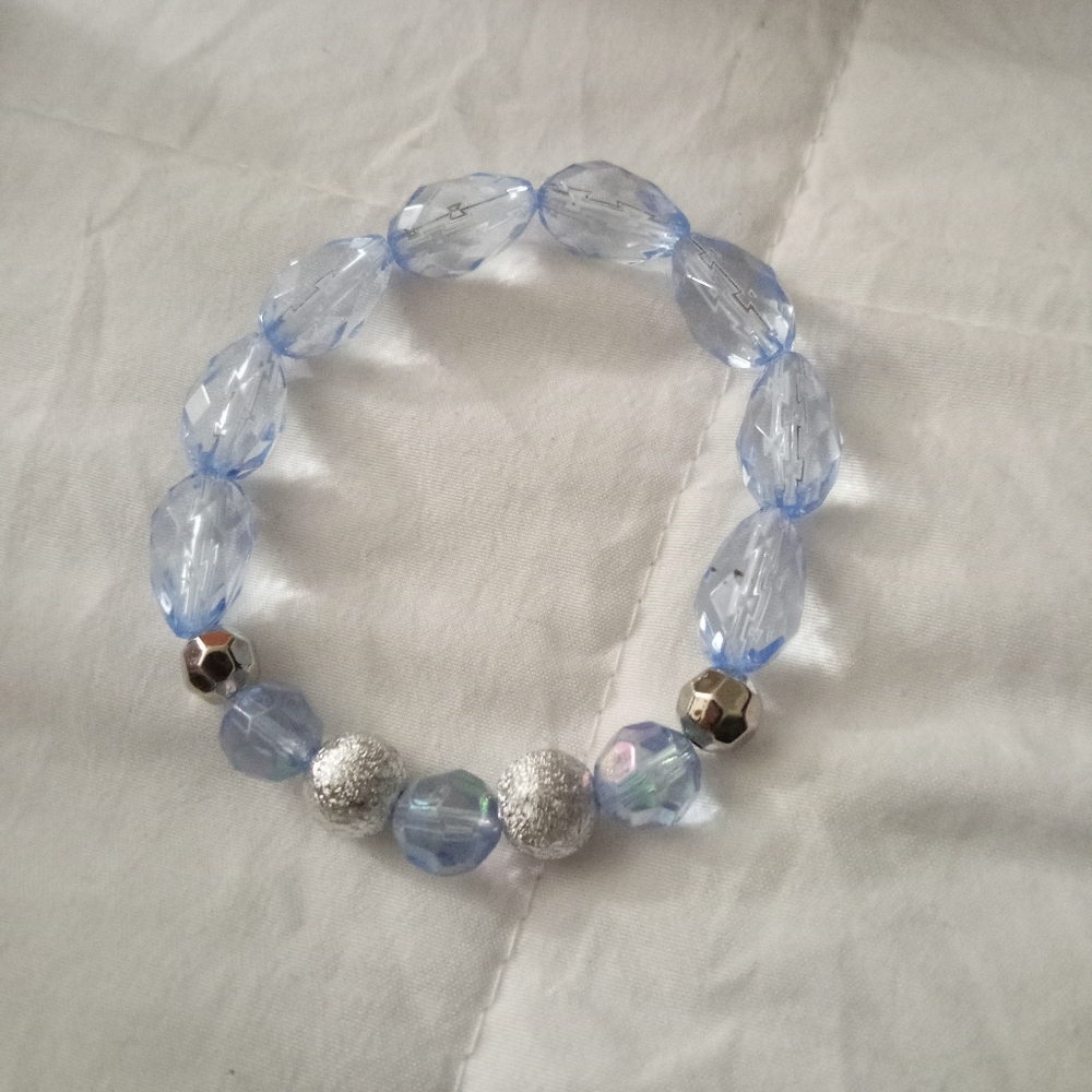 New pastel blue beaded statement bracelet with silver accents hand crafted